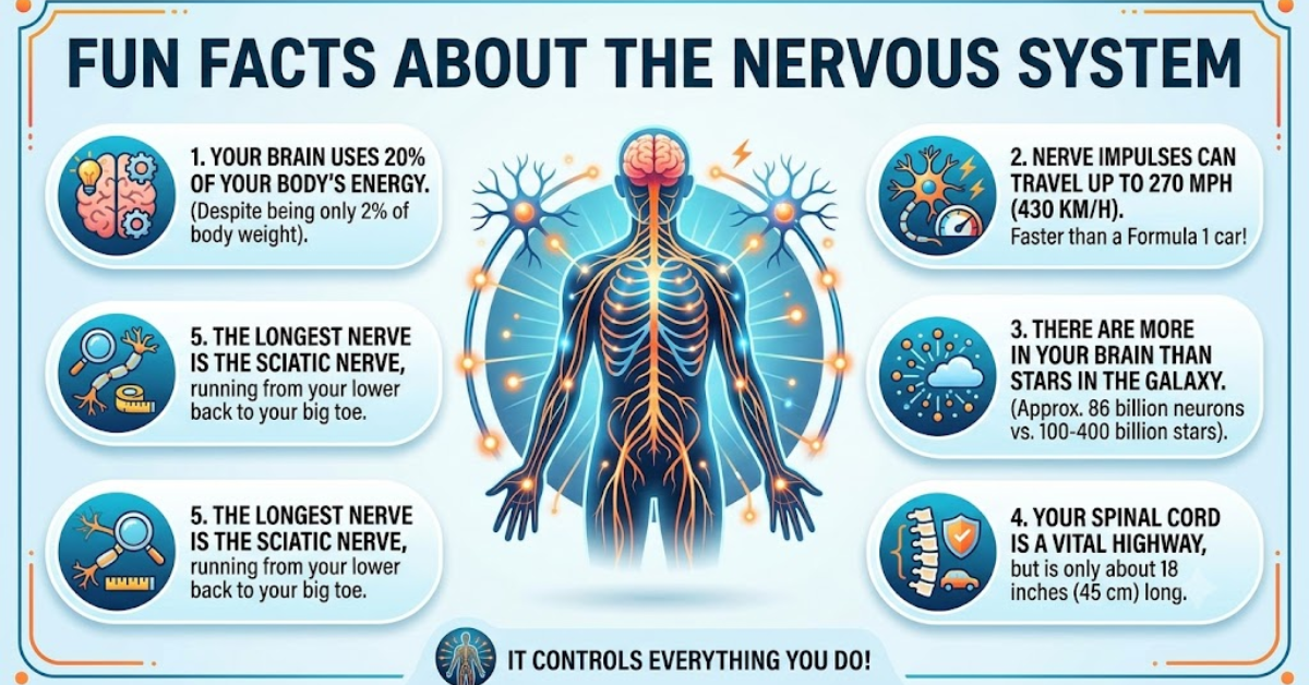 An informative infographic titled "Fun Facts About the Nervous System" featuring a central glowing human outline showing the brain, spinal cord, and nerves, surrounded by colorful icons and key facts about nerve speed, brain energy usage, and neurons.