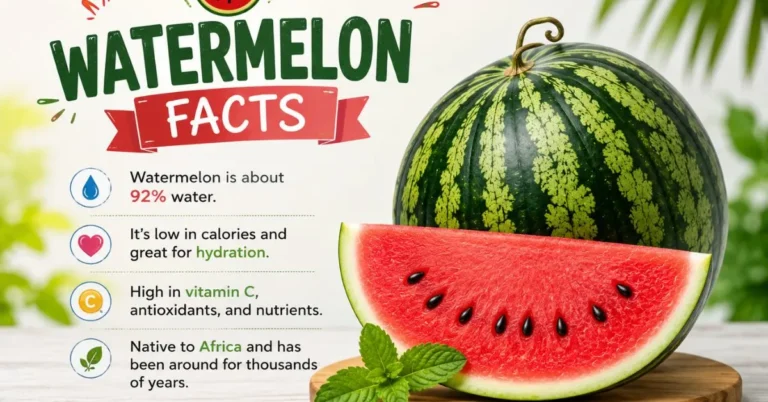 Watermelon facts with a fresh watermelon slice and whole watermelon