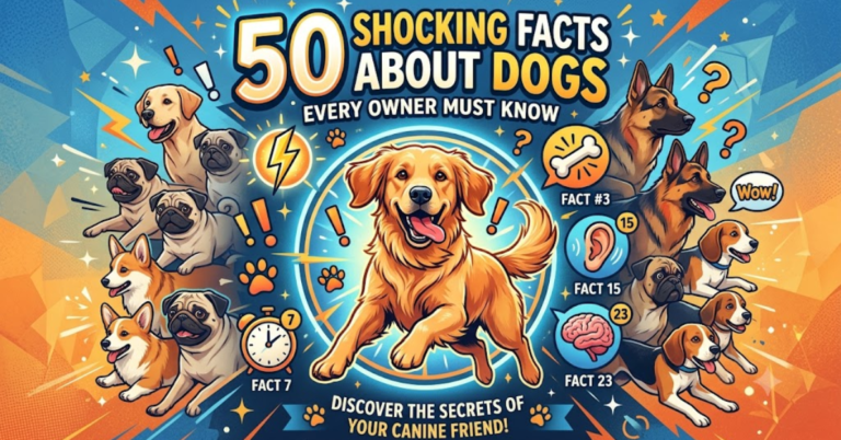 An eye-catching blog feature graphic titled '50 Shocking Facts About Dogs Every Owner Must Know' featuring colorful illustrations of various dog breeds including Golden Retriever, German Shepherd, Corgi, and Pug."