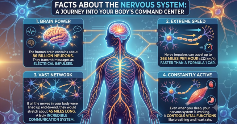 Educational infographic about nervous system facts featuring human body silhouette with glowing neural network, brain power, and neuron speed details.