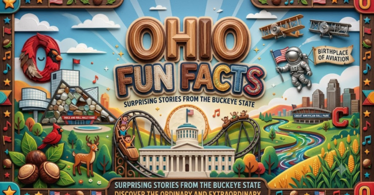Unique 3D papercraft and wooden artwork depicting fun facts about Ohio, featuring aviation, roller coasters, buckeyes, and the state capitol.