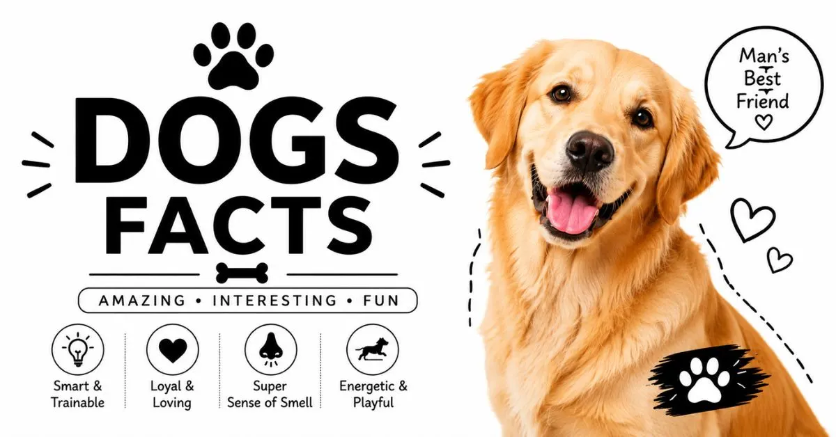 Dogs Facts – amazing and interesting facts about dogs with a happy golden retriever.
