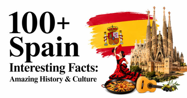 Colorful Spain interesting facts feature image showing flamenco dancer, Sagrada Familia, Paella, and La Tomatina festival.