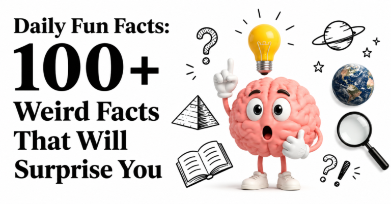 Daily Fun Facts: 100+ Weird Facts That Will Surprise You — a white-background feature image with bold black text, a surprised cartoon brain, light bulb, globe, magnifying glass, question marks, pyramid, planet, and open book.
