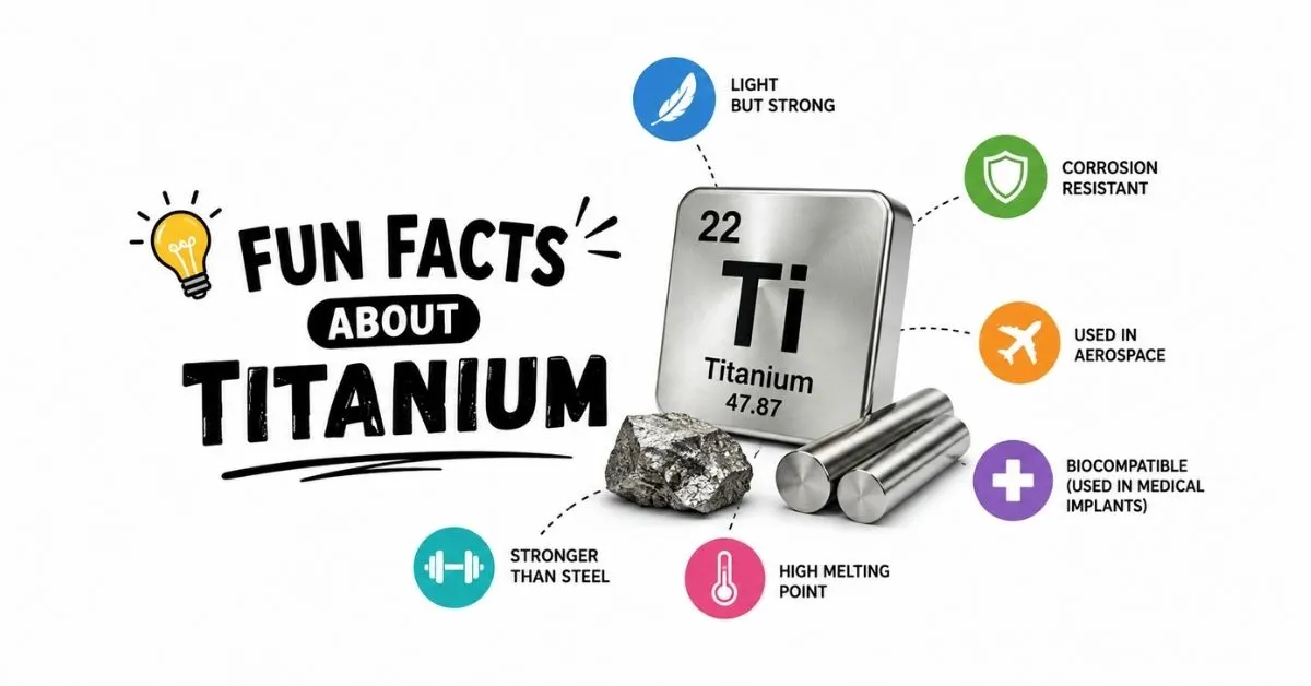 Fun facts about titanium showing its strength, lightweight properties, corrosion resistance, and uses
