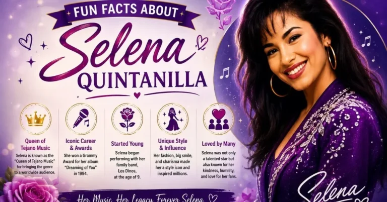 Fun facts about Selena Quintanilla featuring her portrait, music career, awards, style, and legacy