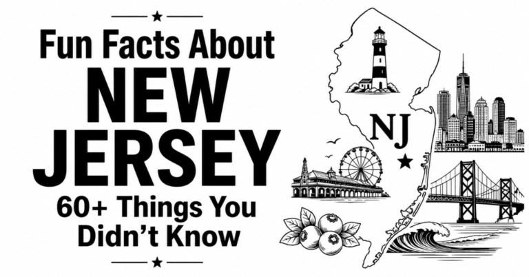 Fun facts about New Jersey featuring a New Jersey map, lighthouse, skyline, bridge, boardwalk, Ferris wheel, blueberries, and coastal waves