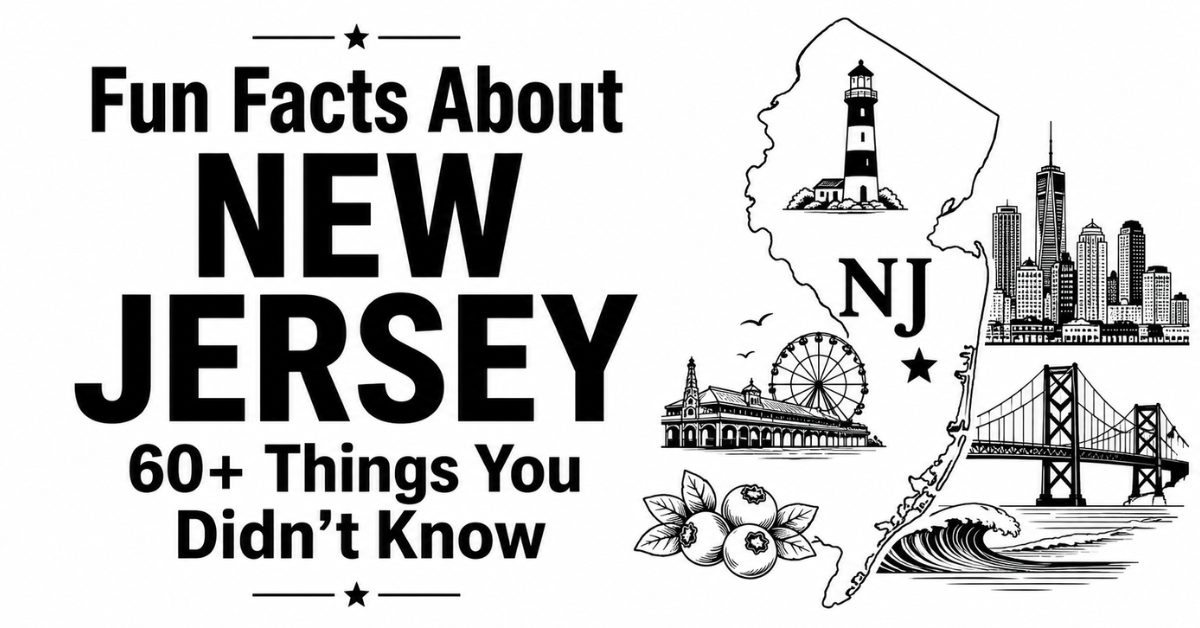 Fun facts about New Jersey featuring a New Jersey map, lighthouse, skyline, bridge, boardwalk, Ferris wheel, blueberries, and coastal waves