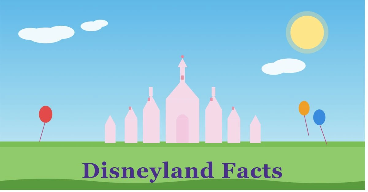 Disneyland castle illustration with pastel sky and text "Disneyland Facts" – featured image for Disneyland facts blog post