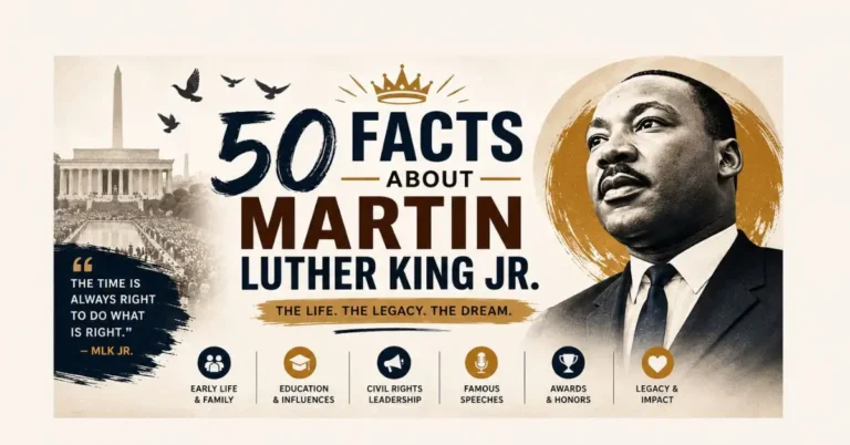 50 facts about Martin Luther King Jr. featuring his portrait, civil rights legacy, speeches, and historic impact