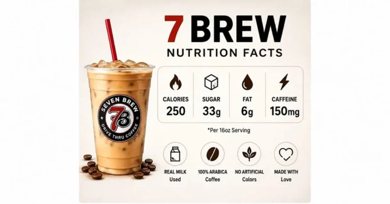 7 Brew Nutrition Facts showing calories, sugar, fat, and caffeine information for a 7 Brew coffee