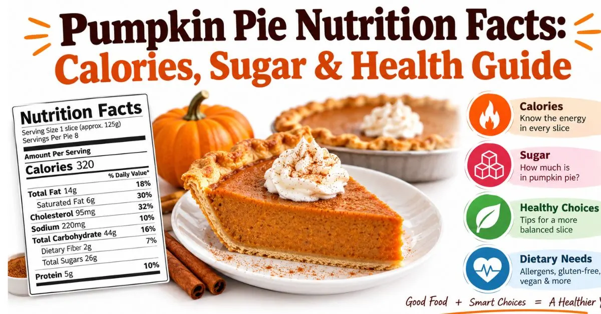 Pumpkin pie nutrition facts showing calories, sugar, and key health information