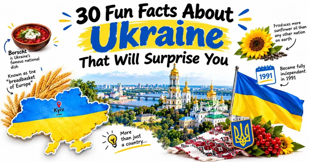 30 fun facts about Ukraine featuring Kyiv, Ukrainian flag, sunflower, wheat, borscht, and national symbols