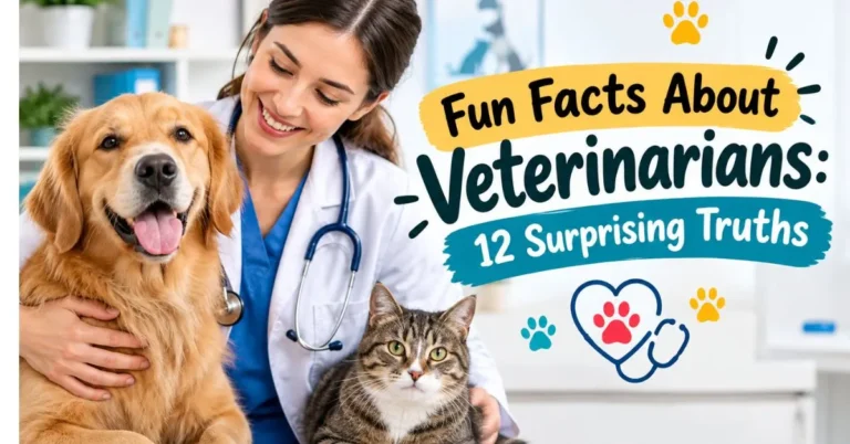: Fun Facts About Veterinarians featuring a veterinarian caring for a golden retriever and cat in a veterinary clinic.