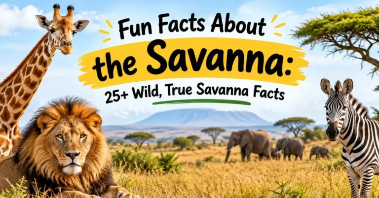Fun facts about the savanna featuring a giraffe, lion, zebra, and elephants in a beautiful African grassland landscape.