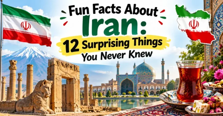 Fun facts about Iran featuring Iranian landmarks, Persian culture, mountains, and traditional tea