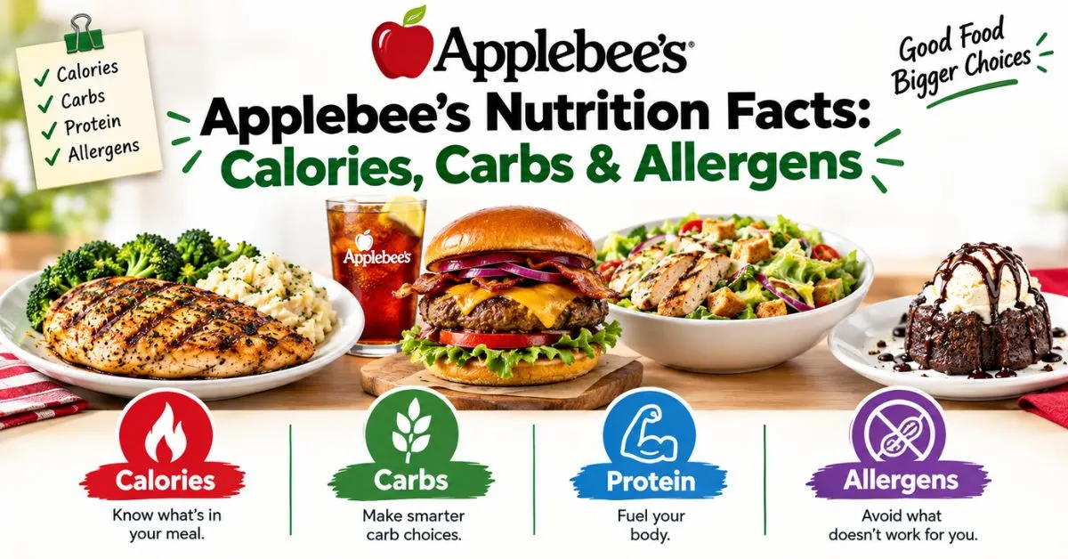 Applebee's nutrition facts showing calories, carbs, protein, and allergens