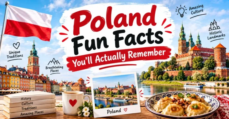 Poland Fun Facts You'll Actually Remember with Polish flag, historic landmarks, Krakow architecture, books, and pierogi