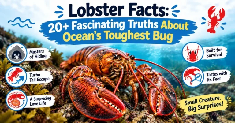 Lobster facts featuring a realistic lobster and fascinating facts about its survival, tail escape, hiding behavior, and unique feeding habits.