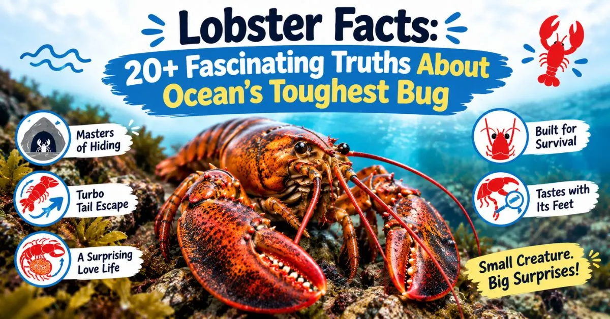 Lobster facts featuring a realistic lobster and fascinating facts about its survival, tail escape, hiding behavior, and unique feeding habits.