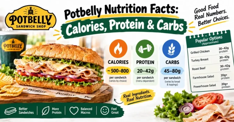 Potbelly Nutrition Facts showing calories, protein, and carbs in popular sandwiches and salads