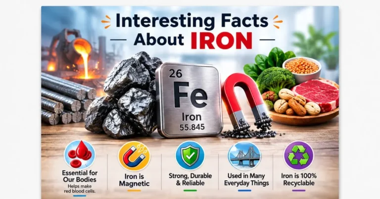 Interesting facts about iron with Fe element, iron ore, magnet, and steel
