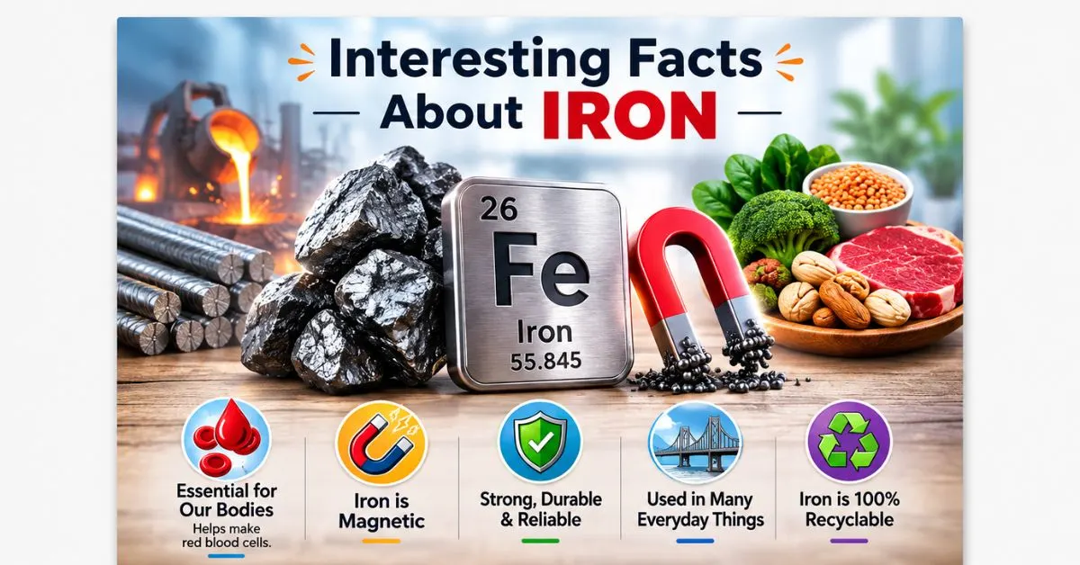 Interesting facts about iron with Fe element, iron ore, magnet, and steel