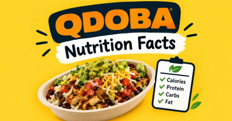 QDOBA Nutrition Facts with a colorful burrito bowl and key nutrition categories