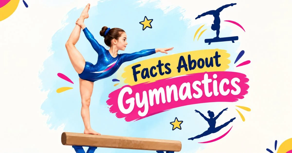 Gymnastics athlete performing a graceful balance on a beam with “Facts About Gymnastics” text