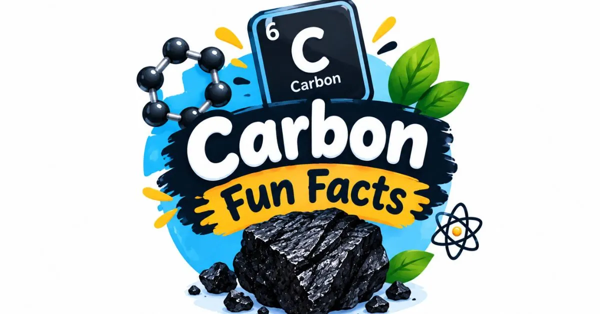 Carbon fun facts illustration with carbon atom, periodic table symbol, and coal rock