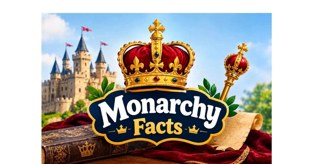Monarchy facts illustration featuring a royal crown, castle, scepter, and historical book