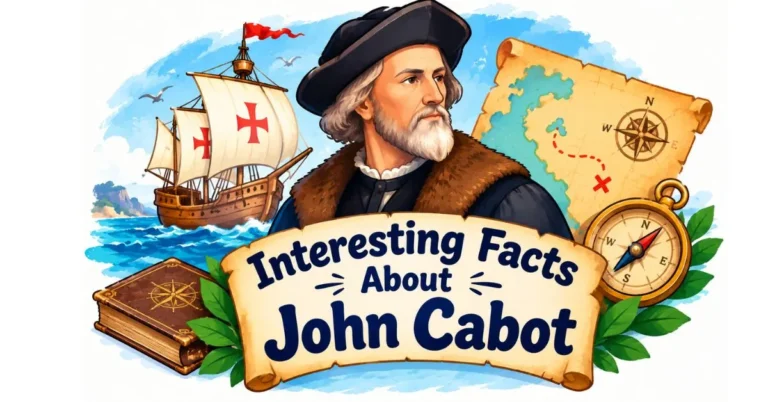 Interesting facts about John Cabot featuring an explorer, sailing ship, map, and compass