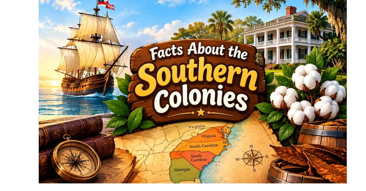 Facts about the Southern Colonies with a colonial ship, map, cotton, plantation house, and barrels