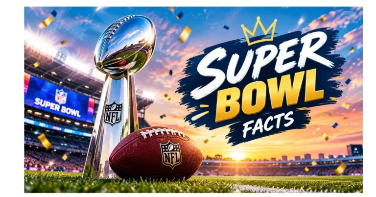 Super Bowl Facts featuring football, championship trophy, and stadium