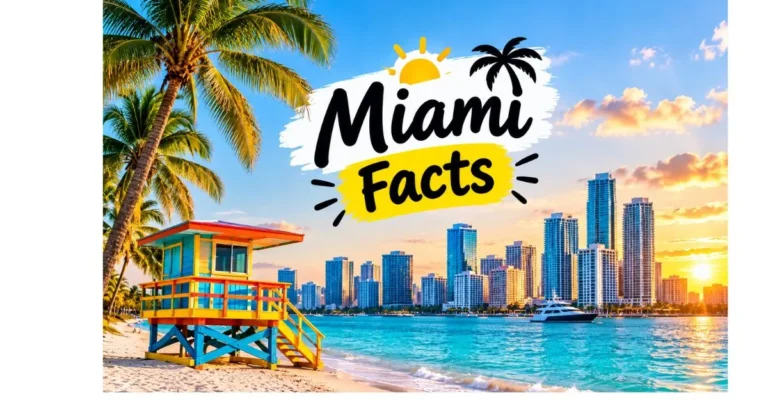 Miami Facts featuring a beautiful Miami beach, colorful lifeguard tower, palm trees, turquoise ocean, and city skyline.