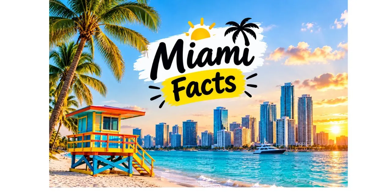 Miami Facts featuring a beautiful Miami beach, colorful lifeguard tower, palm trees, turquoise ocean, and city skyline.
