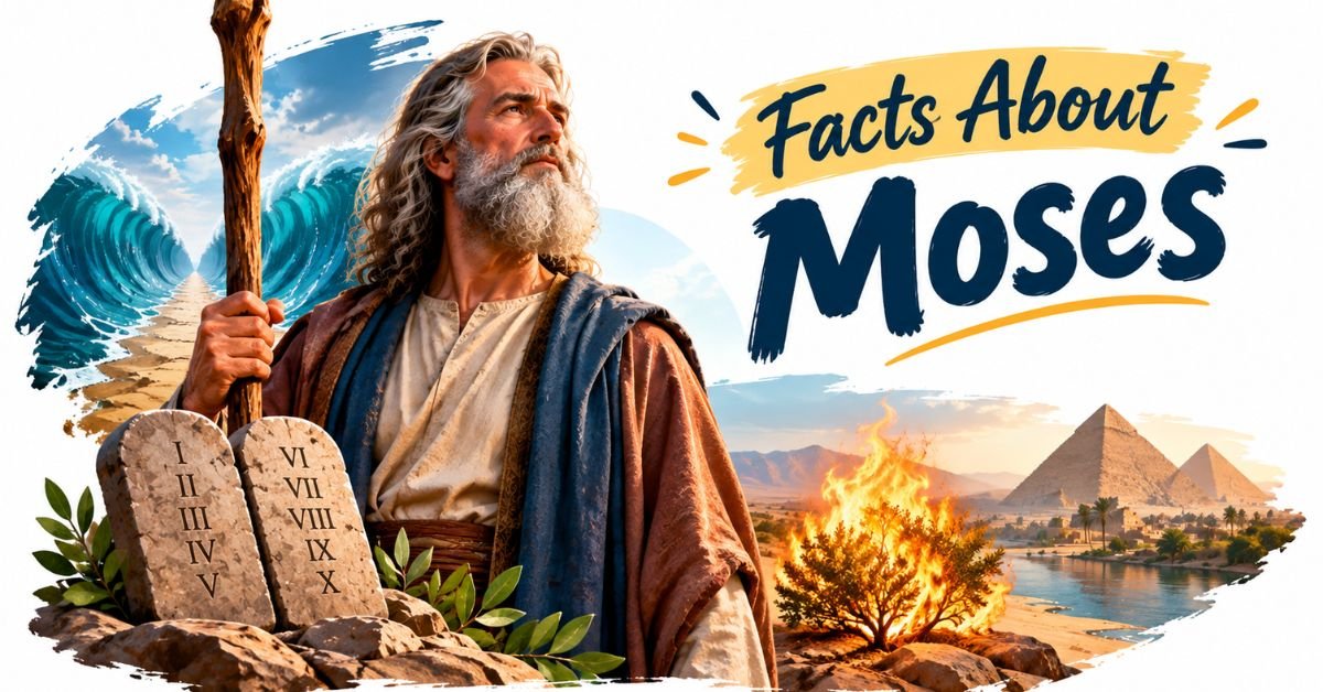 Facts About Moses with biblical imagery, stone tablets, staff, and parted Red Sea