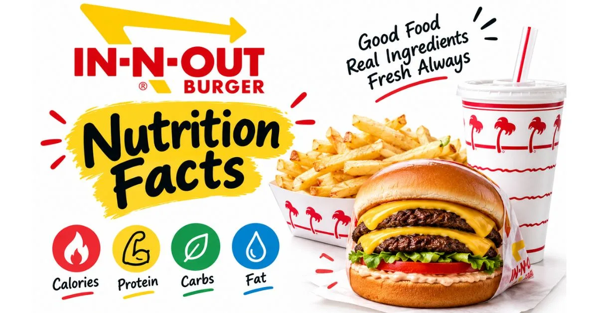 In-N-Out Burger nutrition facts with burger, fries, and drink