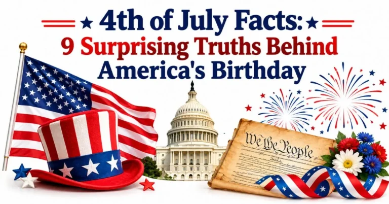 4th of July facts featuring the American flag, Capitol, fireworks, and patriotic decorations