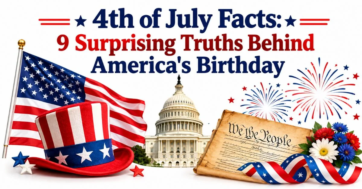 4th of July facts featuring the American flag, Capitol, fireworks, and patriotic decorations