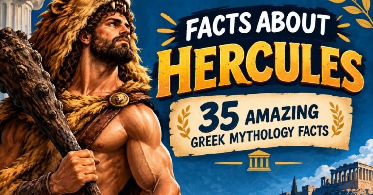 Illustration of Hercules wearing the Nemean Lion pelt and holding a wooden club, alongside text reading "Facts About Hercules: 35 Amazing Greek Mythology Facts."