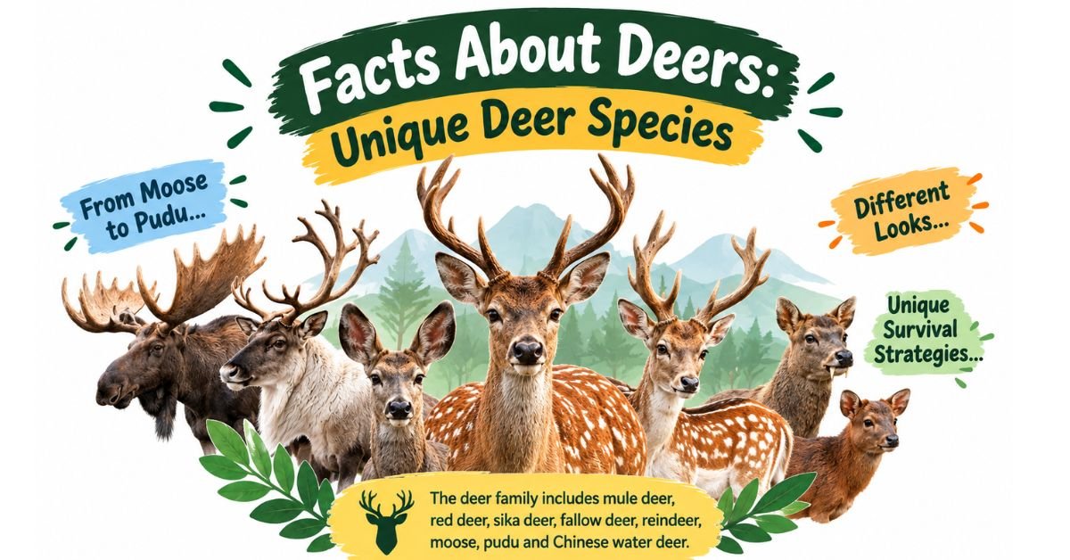 An educational graphic titled "Facts About Deers: Unique Deer Species" featuring various deer species including moose, red deer, sika deer, fallow deer, and pudu standing together against a forest backdrop.