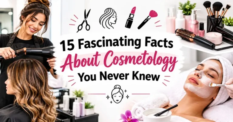 15 fascinating facts about cosmetology featuring a professional cosmetologist, hair styling, skincare, and beauty tools