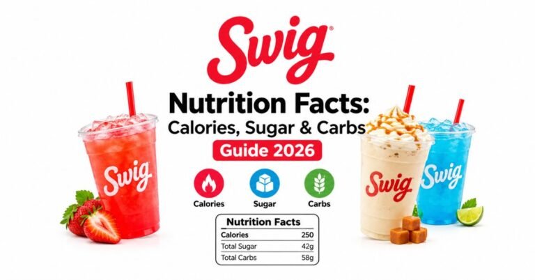Swig Nutrition Facts featuring colorful drinks and information about calories, sugar, and carbohydrates in a 2026 nutrition guide.